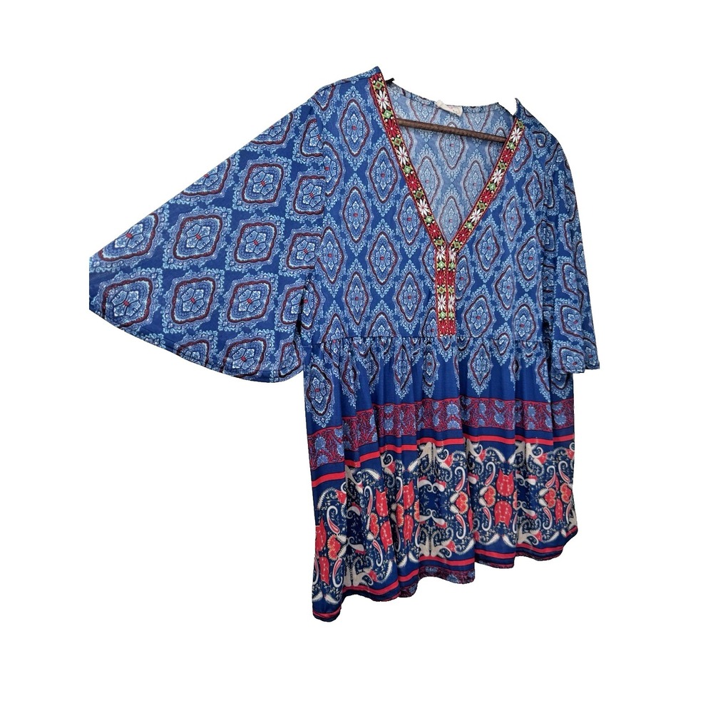 Lida Collection Blouse 2X Boho Festival Cottage‎ coastal embroidered blue flare